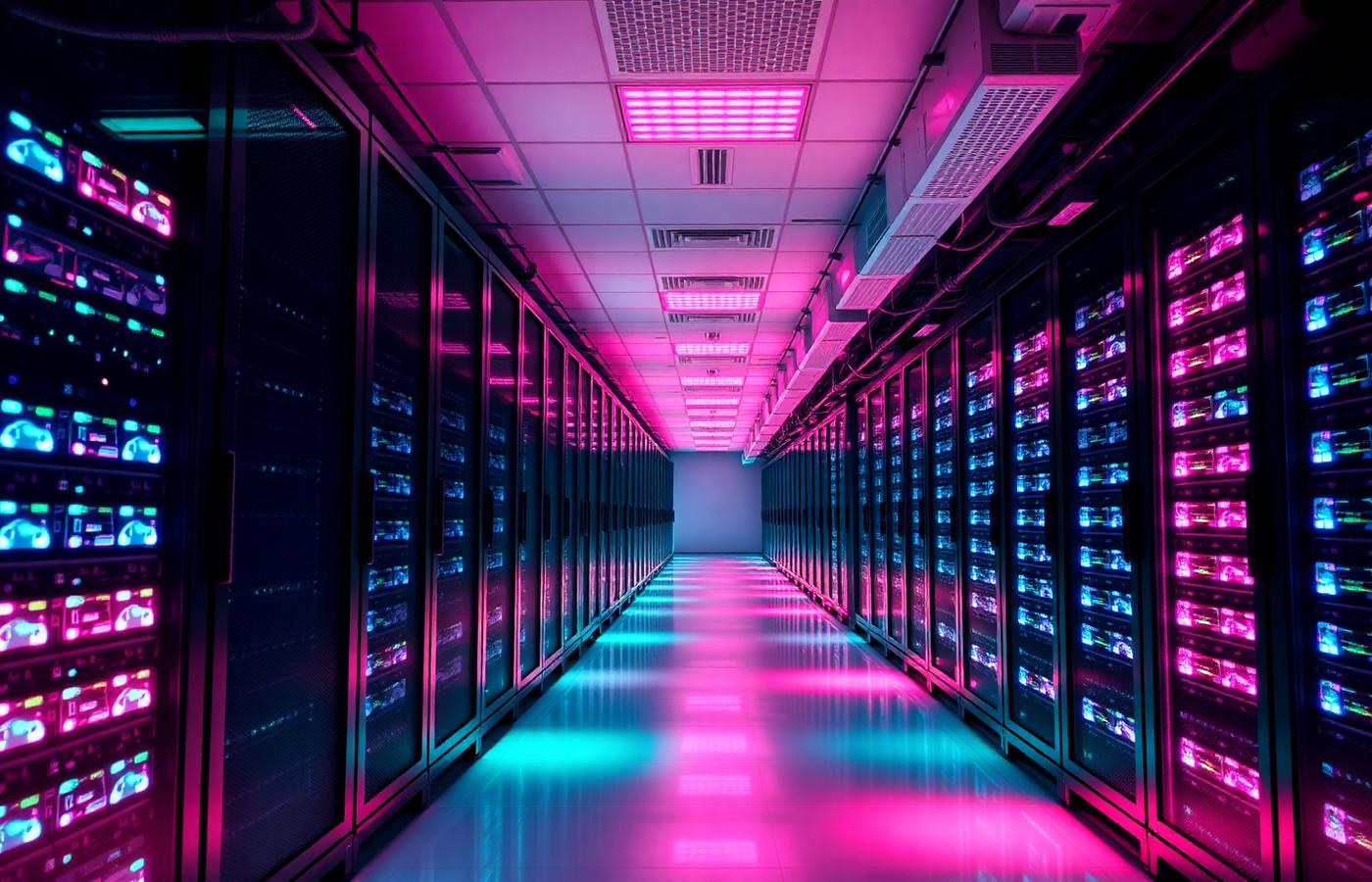 Neon-lit data center corridor