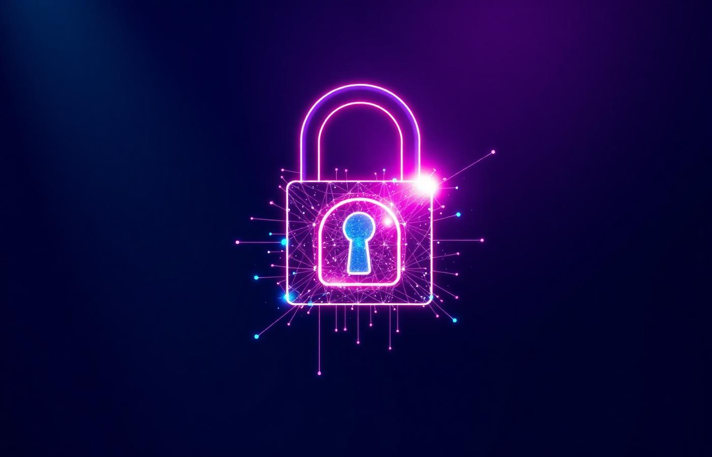 Neon digital padlock representing cybersecurity