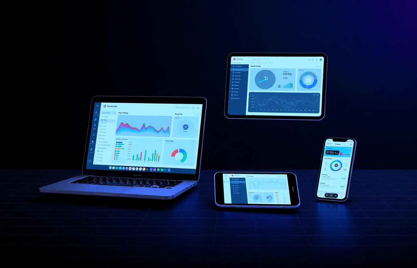 Laptop, tablet and phone displaying analytics dashboards