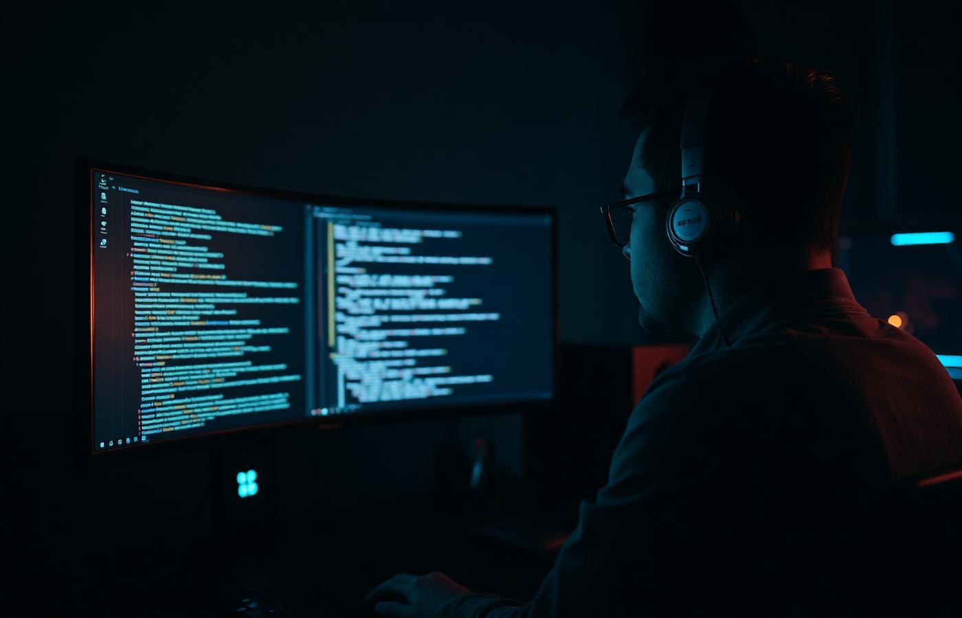 Software engineer reviewing source code at a curved monitor