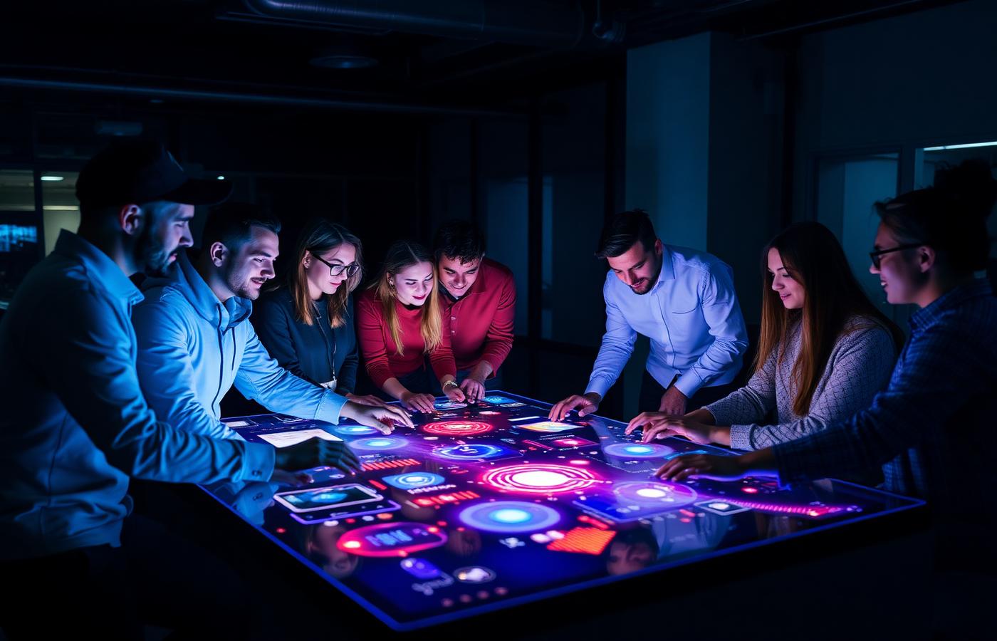 Tech team collaborating around a glowing digital table